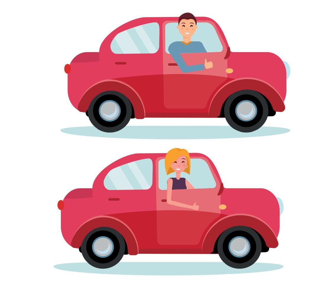 Set of 2 red cars with male and female drivers.Man inside his car. Woman at the wheel of car. Side view of car. Drivers showing thumb up gesture. Vector flat cartoon illustration on white background