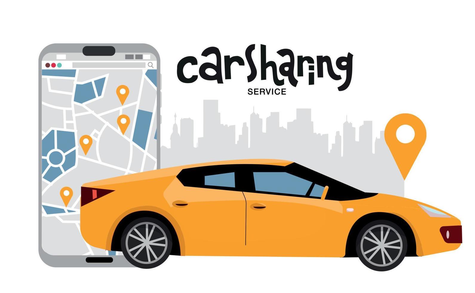 Side view of yellow city car with big mobile phone with car sharing application on the screen. Sedan vehicle for rent with city silhouette and hand drawn lettering .Vector flat cartoon illustration vector