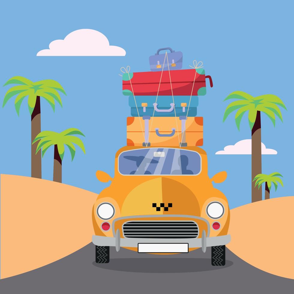 Yellow taxi car riding from sea coast with stack of suitcases on roof. Flat cartoon vector illustration. Car Front View with pile of luggage. Southern landscape with palms. Taxi transfer on vacation