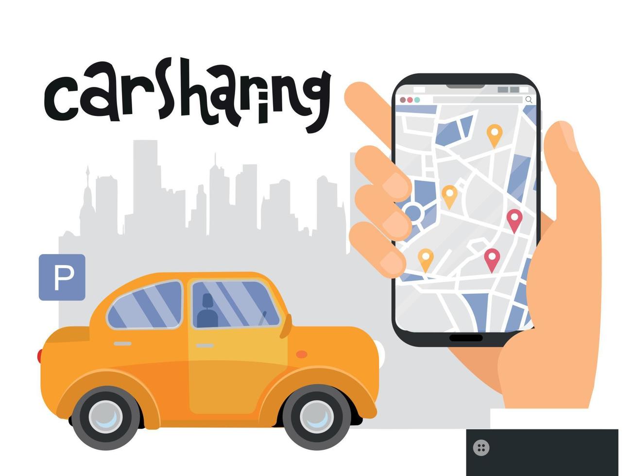 Mobile city transportation concept, Online car sharing with male hand holding smartphone. Map of the city with signs of geolocation on the screen. lettering carsharing.Vector flat cartoon illustration vector