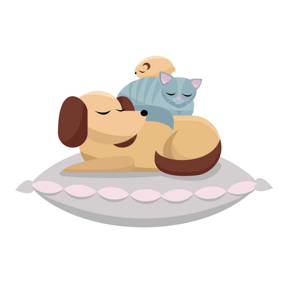 Flat cartoon vector illustration cat and hamster sleeps comfortably on dog. Sweet dreams of furry friends. Cute best friends sleeping dog, cat, hamster on pink pillow on white background