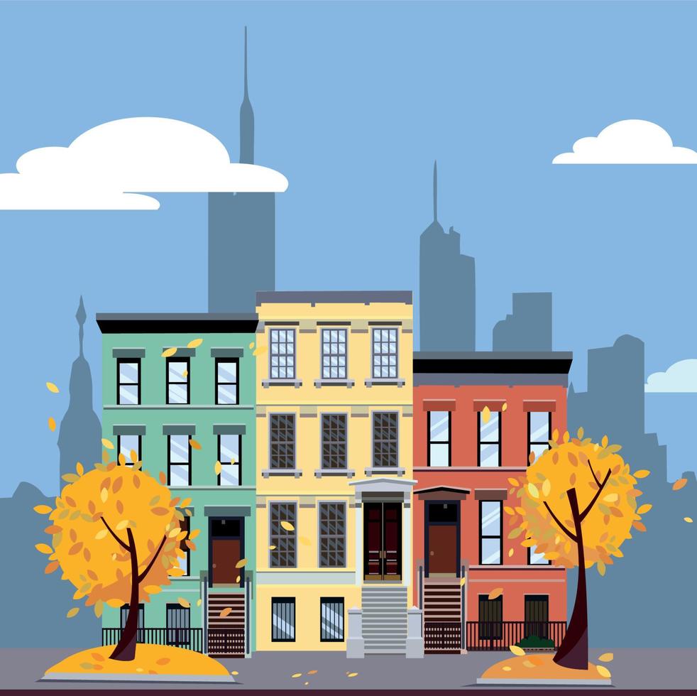 Multicolored multi-party cozy houses on background of skyscrapers of business center of city. Flat cartoon vector illustration of Autumn city landscape. Street cityscape with yellow leaves.