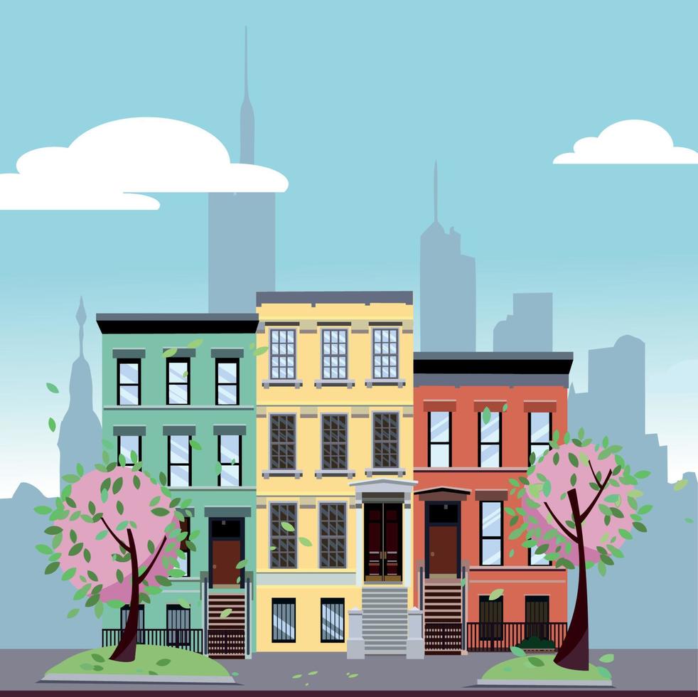 Multicolored multi-party cozy houses on background of skyscrapers of business center of city. Flat cartoon vector illustration of spring city landscape. Street cityscape with pink flowers and blossom.