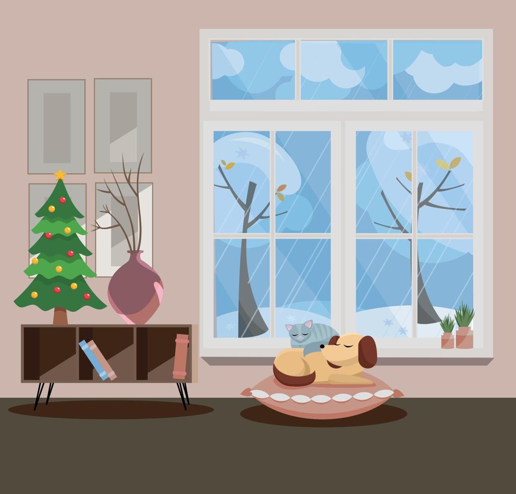 ventana con vistas a los árboles cubiertos de nieve en invierno. pared gris, arbolito de navidad de año nuevo y mesa con jarrones, gato y perro durmiendo en el interior. ilustración vectorial de dibujos animados plana. vector