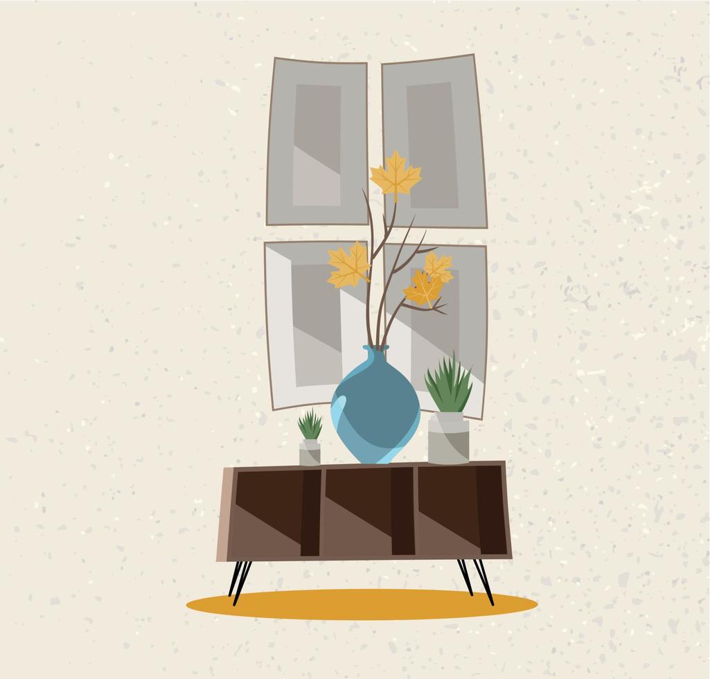 Illustration of an interior group. A coffee table with a glass vase, indoor plants and posters on the wall. Beige wall with rough texture. Flat cartoon style vector illustration.