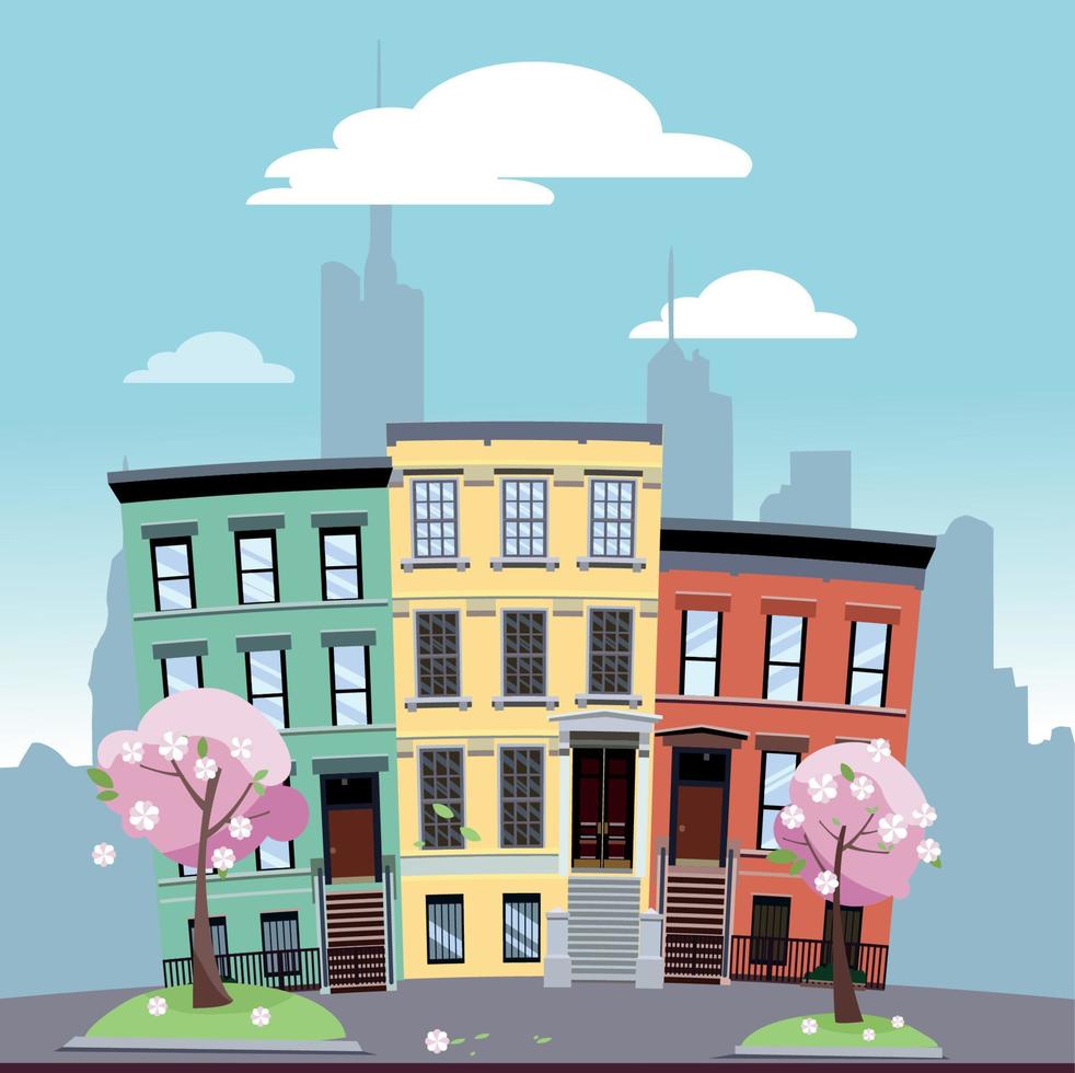 Urban area of low bright colored houses against the background of the silhouette of large city with flowering trees in the foreground. Spring cityscape on a sunny day.Flat cartoon vector illustration