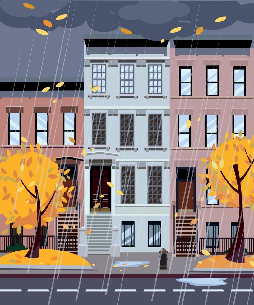 Flat cartoon vector illustration of autumn rainy city street. Three-four-story uneven houses, foliage flies. Street cityscape. Evening city landscape with autumn trees in the foreground, puddles