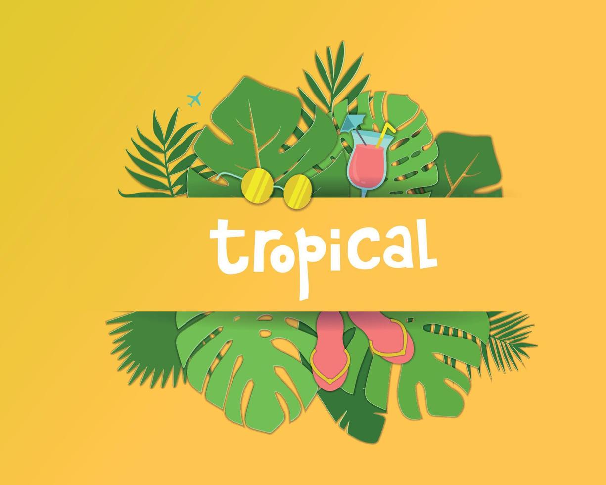 Trendy Summer Tropical palm leaves, plants. Paper cut style. Exotic Hawaiian summertime with sunglasses, cocktail and flip flops. Beautiful yellow floral background. Monstera palm Vector illustration