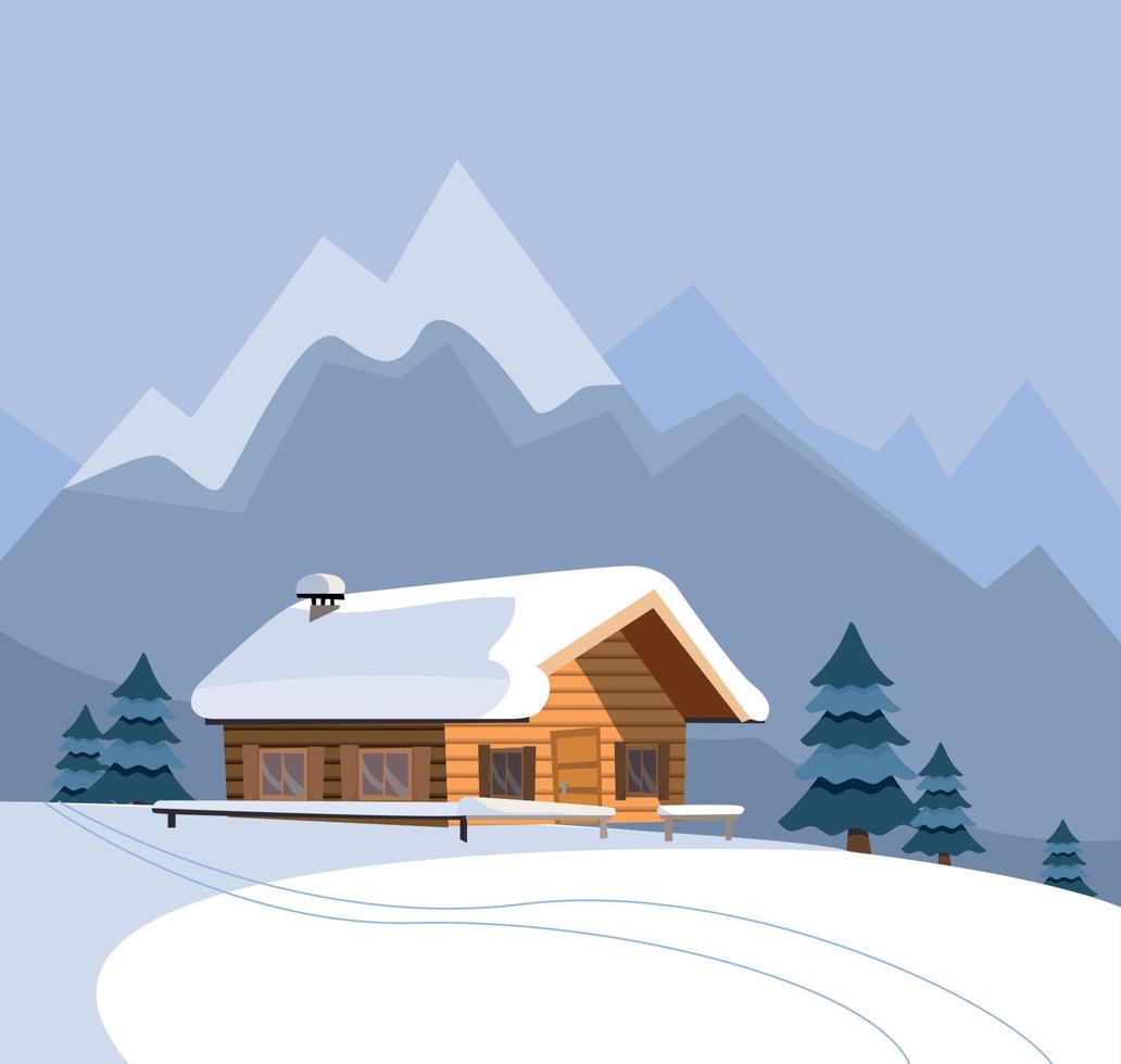 Winter snowy landscape with mountains and wood log country house, spruces, firs, snowy nature, sunny weather. Christmas season card. Flat cartoon style vector illustration in blue colors.