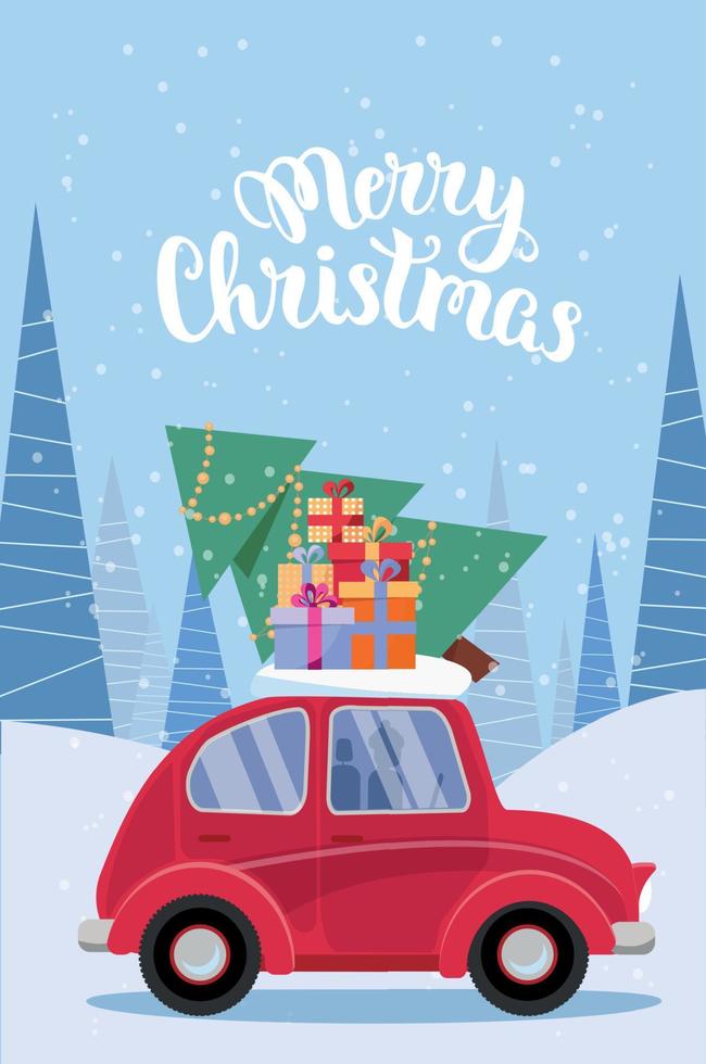 Vertical Festive postcard with lettering - retro car with presents, christmas tree on roof. Little red car carrying gift boxes.Vehicle car side view. Winter snowy forest. Flat cartoon illustration vector