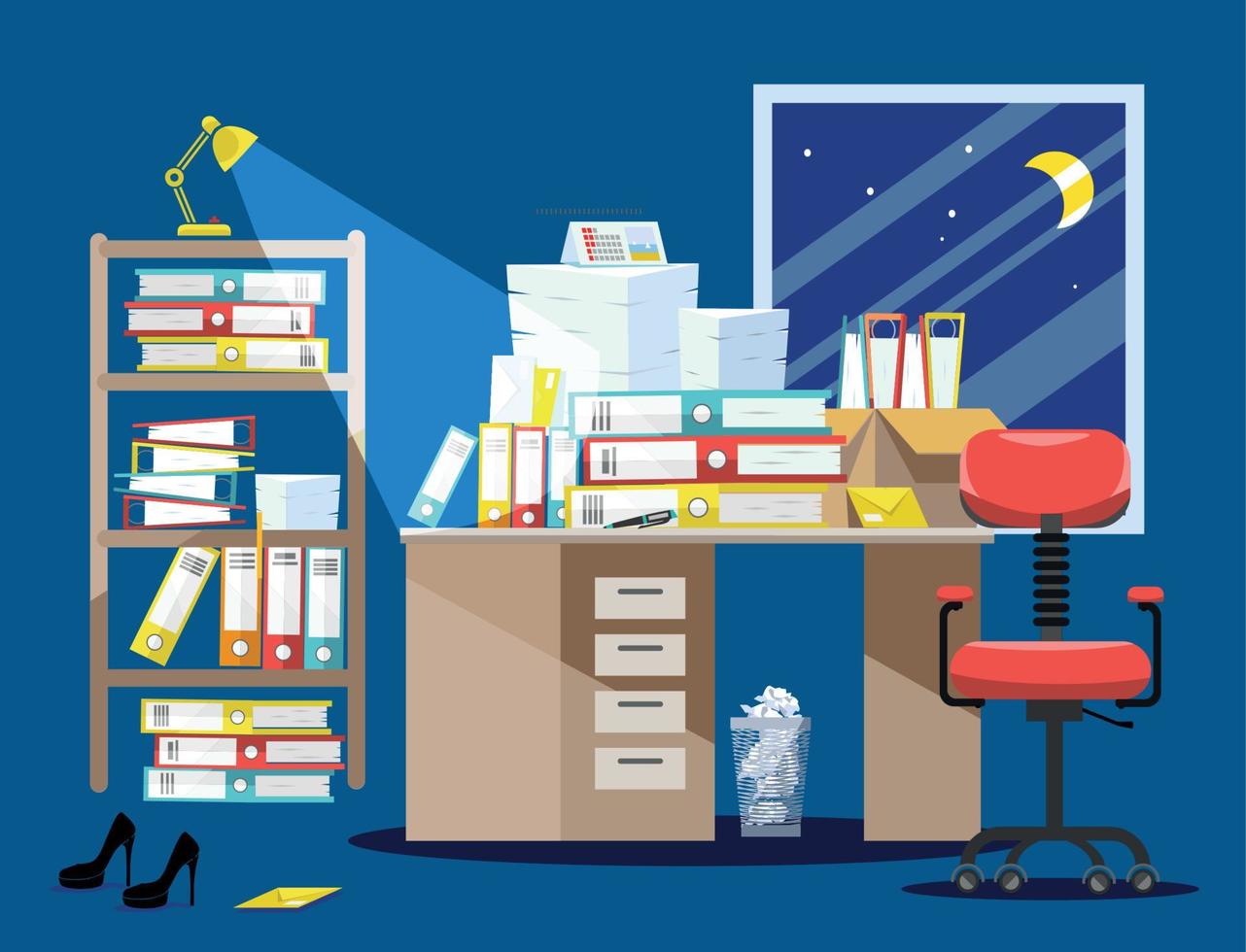 Nitht Period of accountants and financier reports submission. Pile of paper documents and file folders in cardboard boxes on office table. Flat vector illustration windows, chair and waste-basket