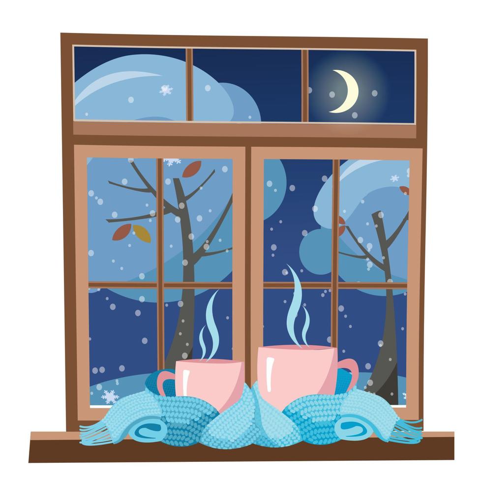 taza rosa pequeña y grande envuelta en una bufanda azul claro y parada en el alféizar de la ventana contra el fondo de la ventana de la noche de invierno. tazas atadas bufanda de calentamiento. ilustración vectorial de dibujos animados plana vector