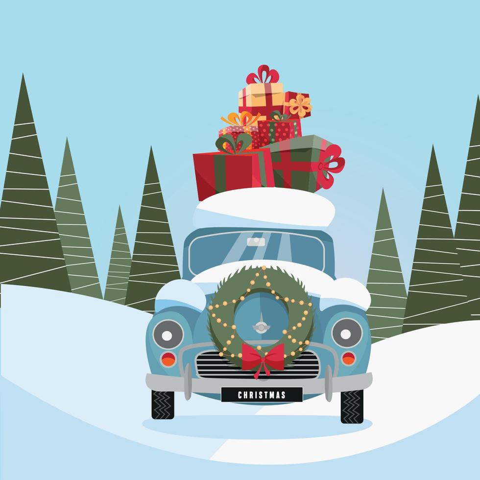 Flat vector cartoon illustration of retro car with present on the roof. Little classic red car carrying gift boxes on its rack. Vehicle's front decorated with wreath. snow-covered landscape with firs