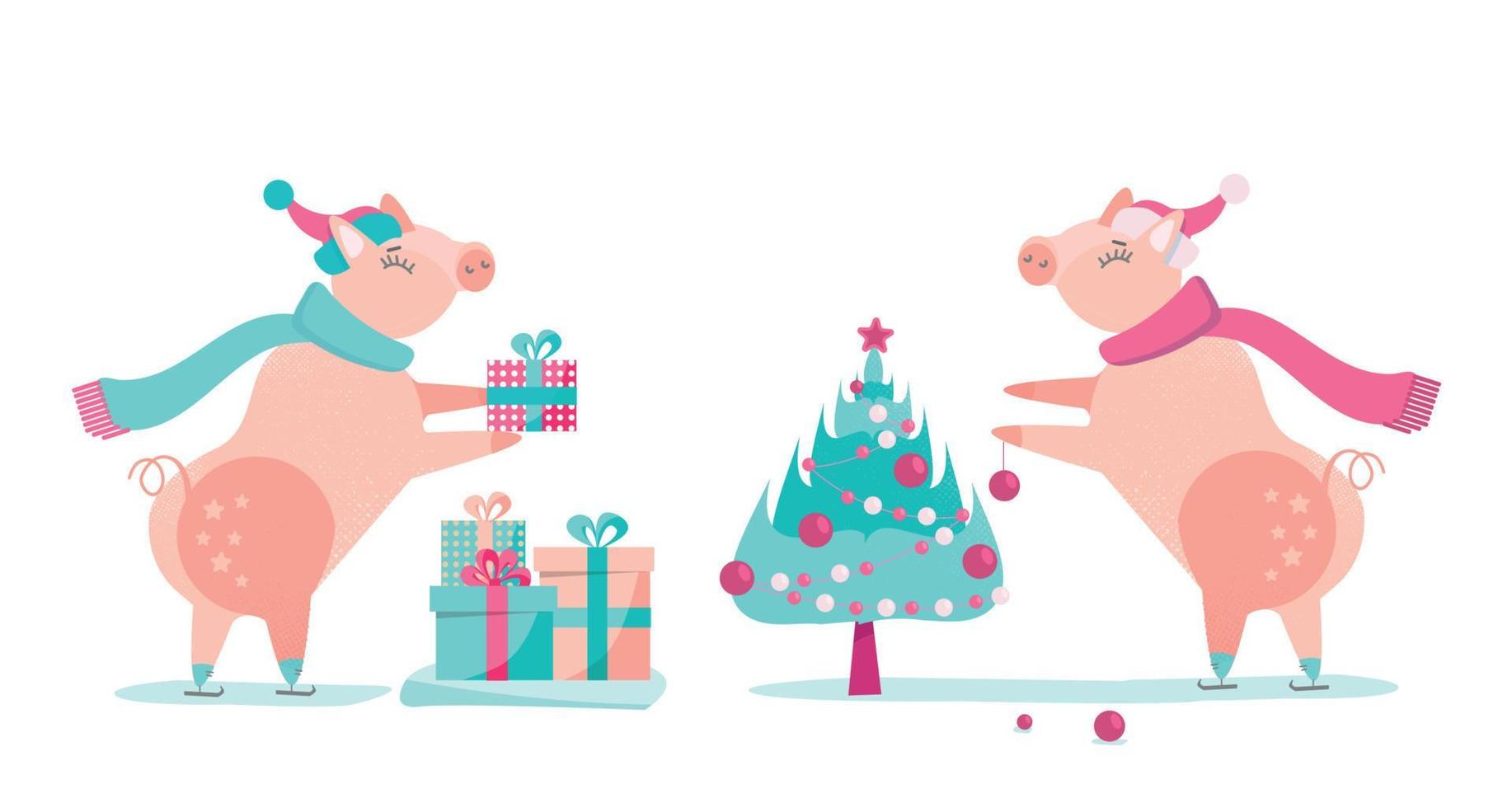 Set of two pigs - Christmas piggy in Santa Claus hat and sharf decorates Christmas tree with balls. Gilt picks a gift from a stack of boxes. Flat cartoon style illustration with textures and gradients vector