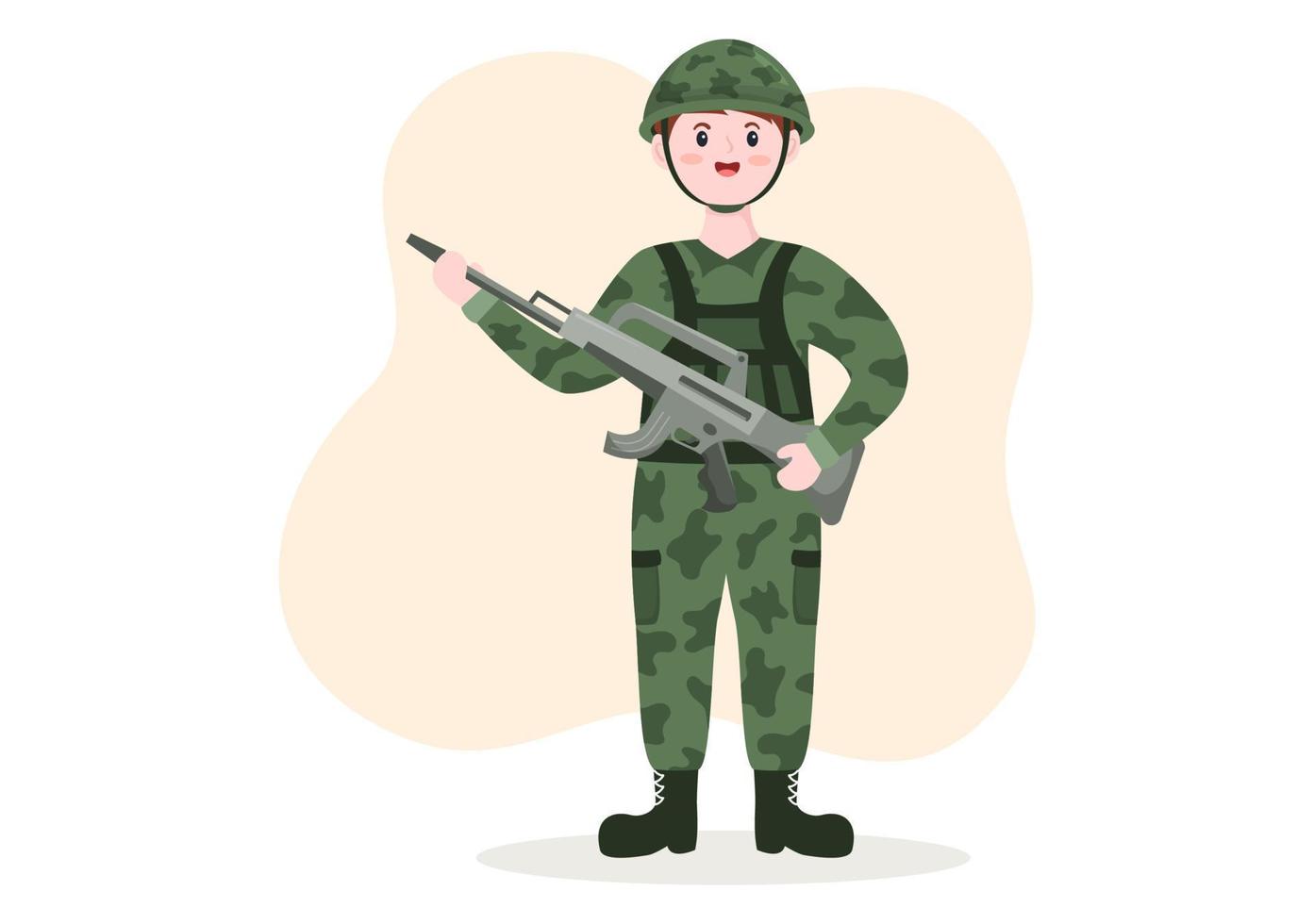 plantilla de fuerza del ejército militar dibujada a mano ilustración plana de dibujos animados lindo con soldado, arma, tanque o equipo pesado de protección vector