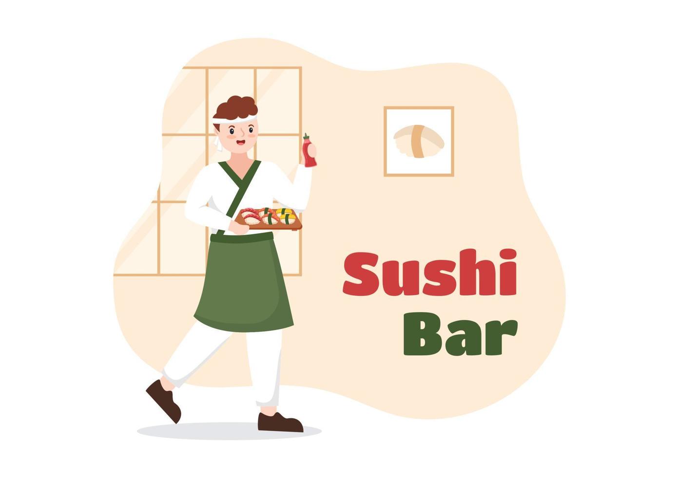 Sushi Bar Japan Asian Food or Restaurant of Sashimi and Rolls for Eating with Soy Sauce and Wasabi in Template Hand Drawn Cartoon Flat Illustration vector