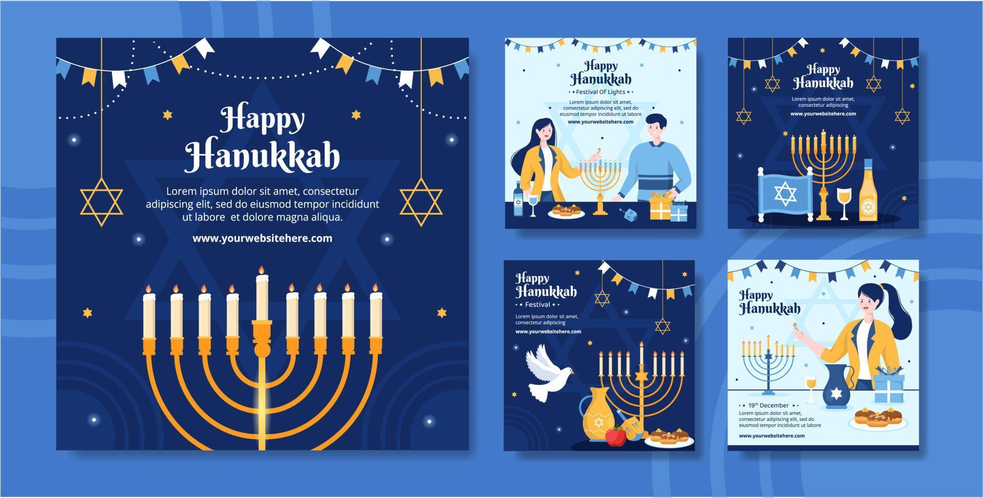 feliz fiesta judía de hanukkah plantilla de publicación en redes sociales ilustración plana de dibujos animados dibujados a mano vector