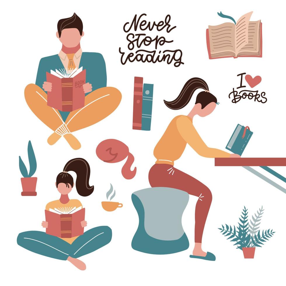 Reading people set on white background. Sitting Man and woman hold a book in their hands. Human character learning concept. Flat vector illustration.