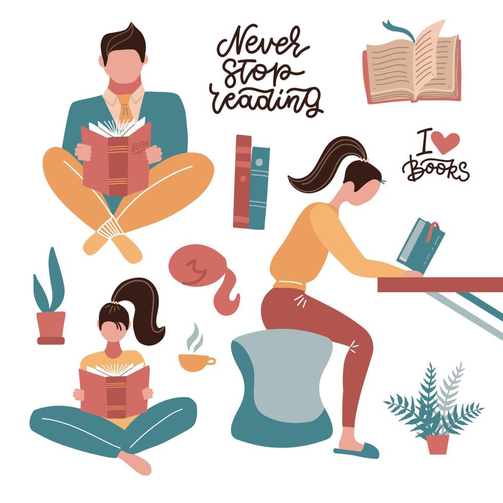 lectura de personas en fondo blanco. hombre y mujer sentados sostienen un libro en sus manos. concepto de aprendizaje del carácter humano. ilustración vectorial plana. vector