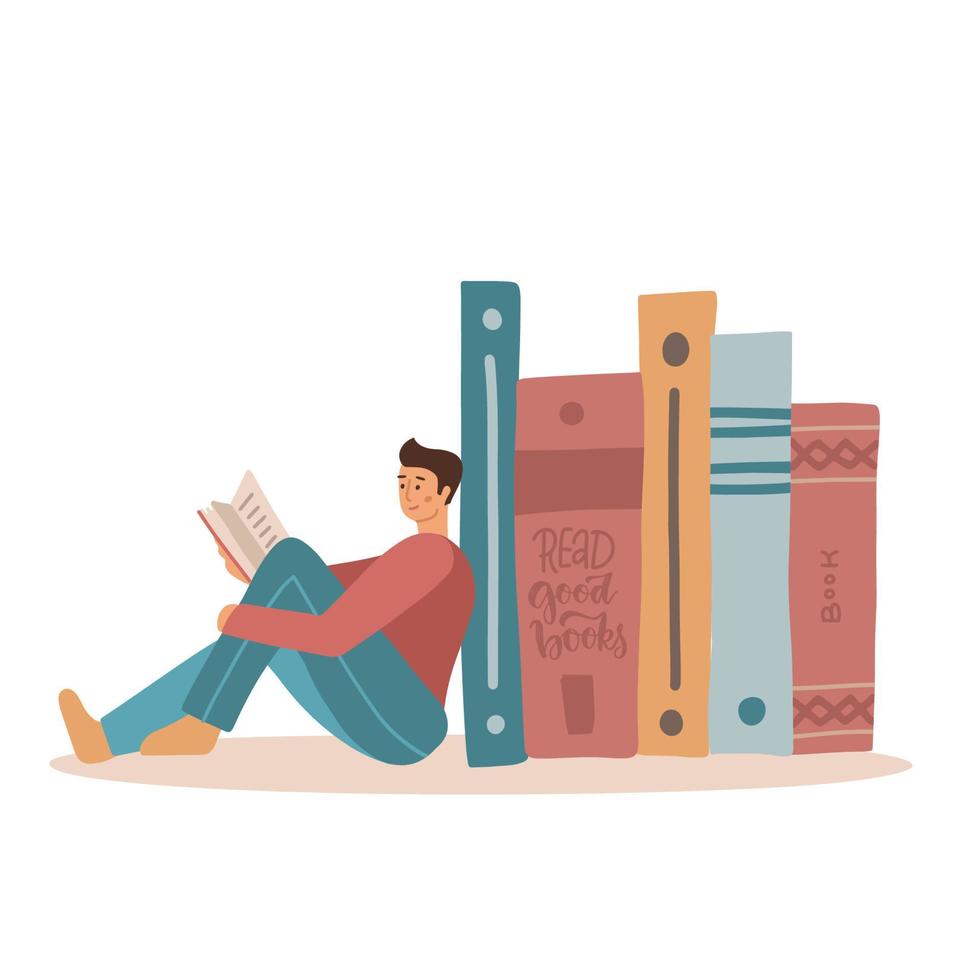 el hombre se sienta cerca de la pila de libros grandes para leer un libro. ilustración vectorial plana vector