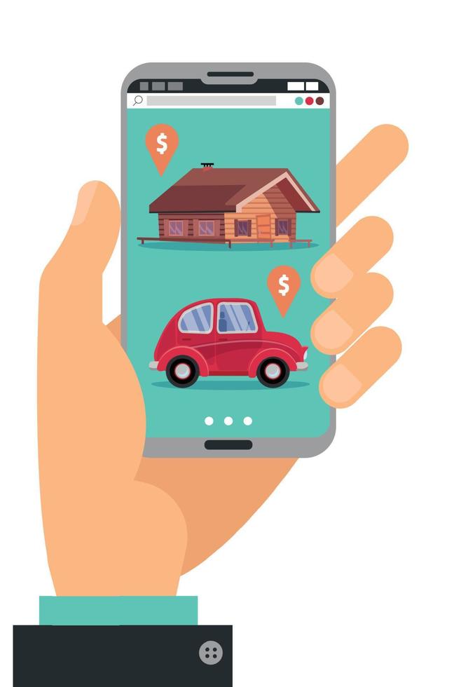 mano que sostiene el teléfono inteligente. concepto de mano con teléfono móvil con bienes raíces, aplicación de mercado de venta de automóviles con casa y pequeño automóvil urbano clásico con etiquetas de precio. ilustración vectorial de dibujos animados plana. vector