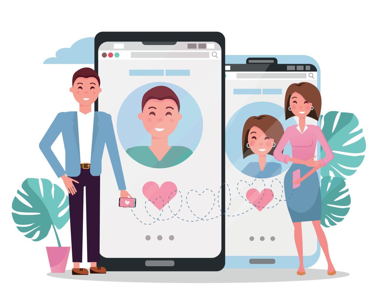 redes sociales de citas en línea, concepto de relaciones virtuales. hombre y mujer conocido en la red social. macho hembra chateando en internet. caricatura plana ilustración vectorial de pareja cerca de grandes teléfonos vector