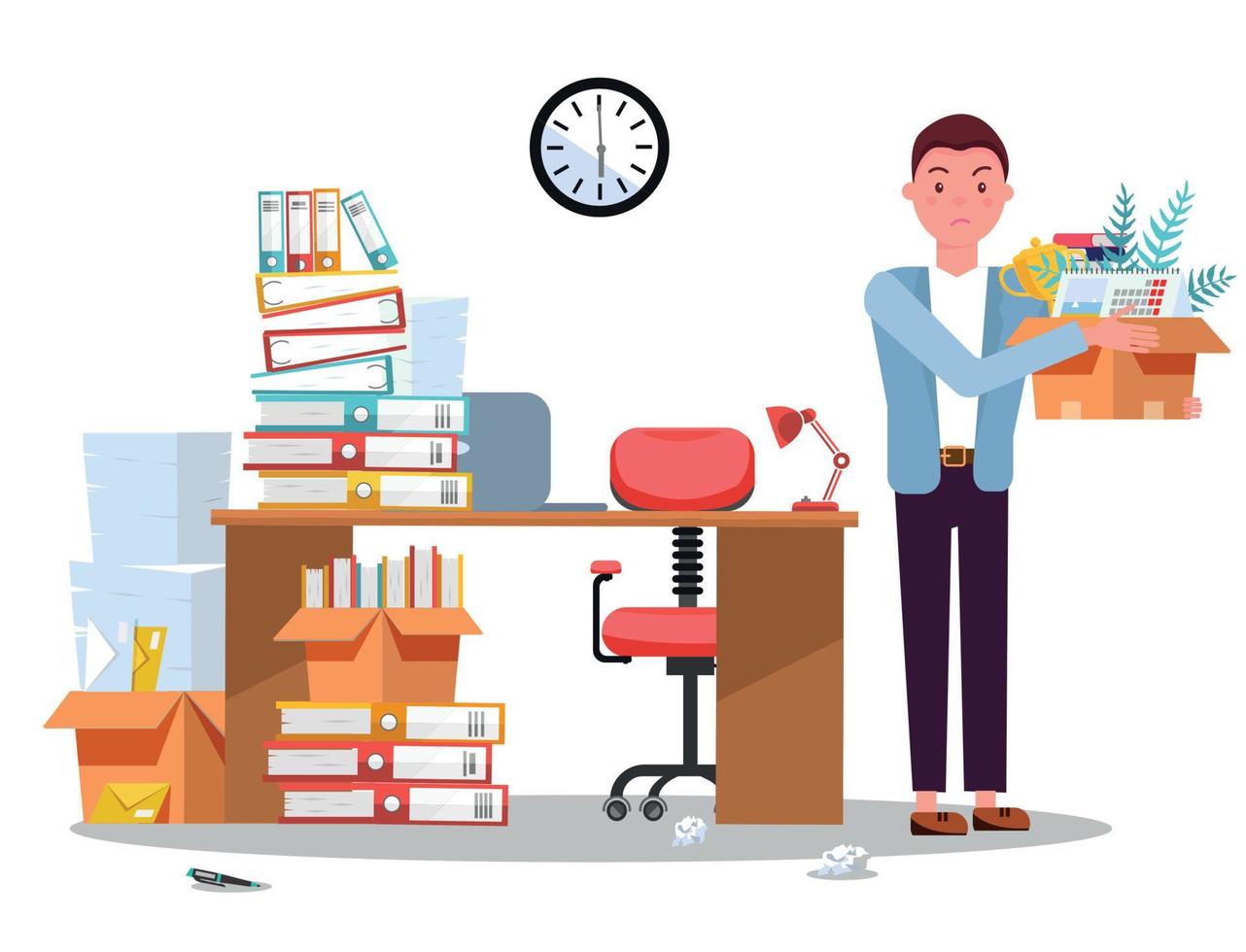 Dismissing from employment. Disapointed young business man employee leaves office with box of things. Unemployment concept with desk and stacks of documents, folders.Vector flat cartoon illustration vector