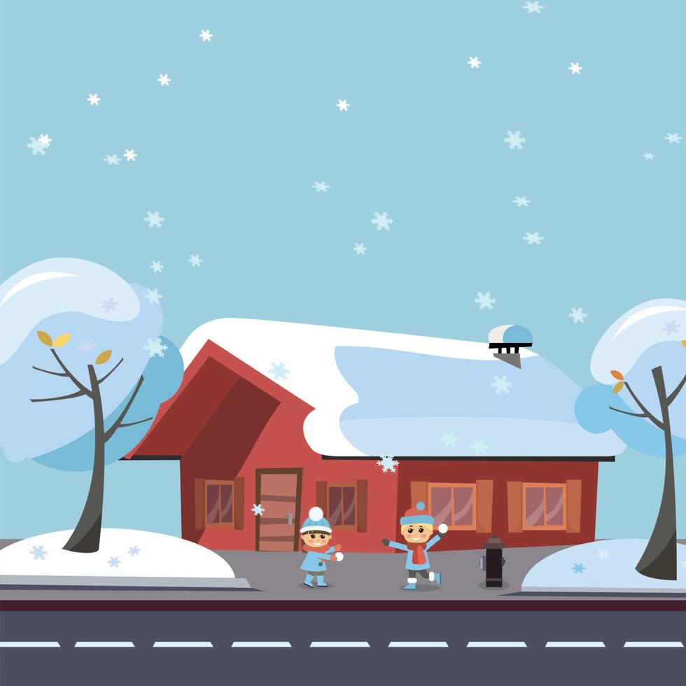 vector plano escena de invierno niños jugando peleas de bolas de nieve. niños felices, niños y niñas jugando al juego de lucha con bolas de nieve frente a la casa nevada y los árboles junto a la carretera en la temporada de invierno. banner de vacaciones, tarjeta