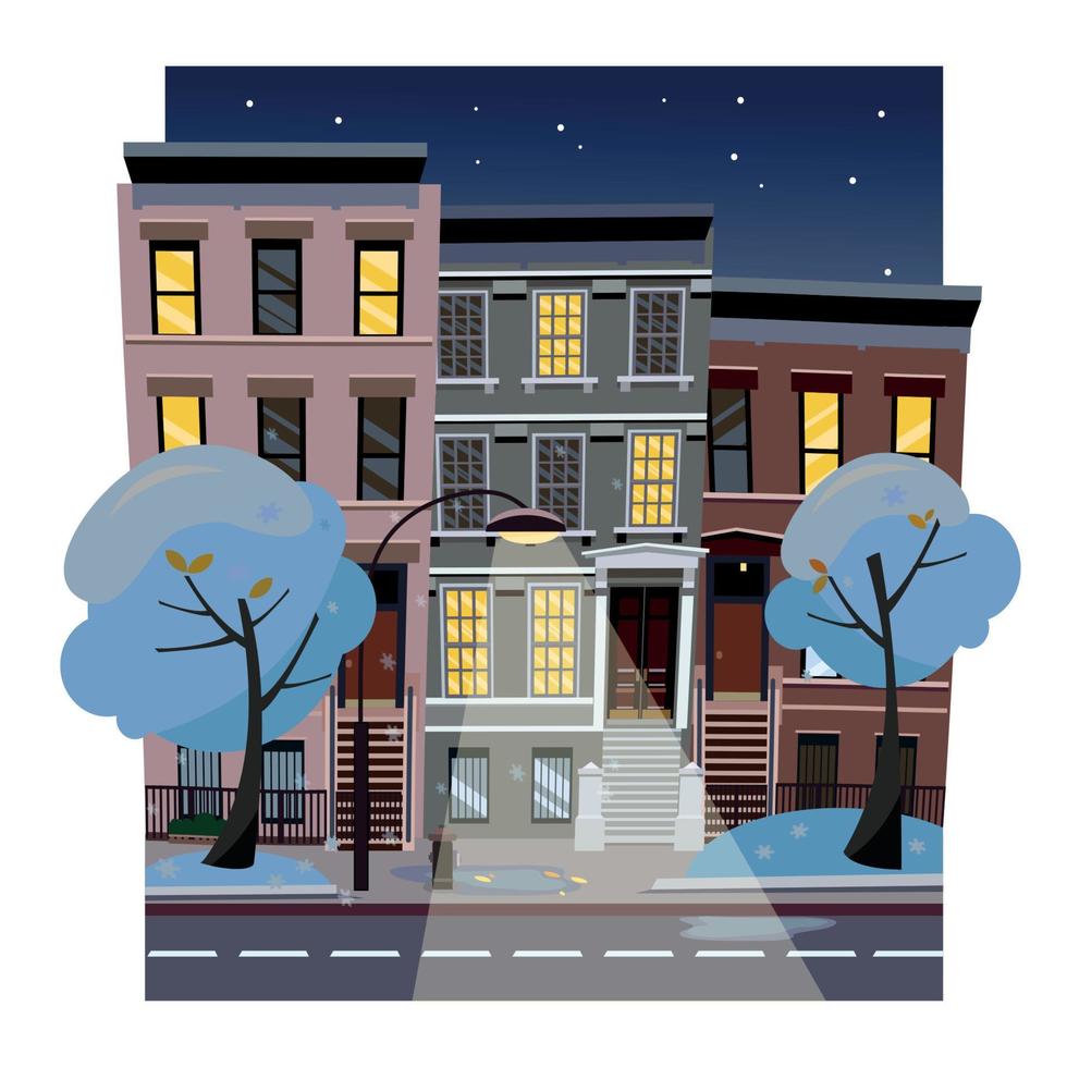 Flat cartoon vector illustration of winter snowy city street at night. Uneven houses with luminous windows,. Street cityscape with glowing streetlight and starry sky. Town landscape with blue trees