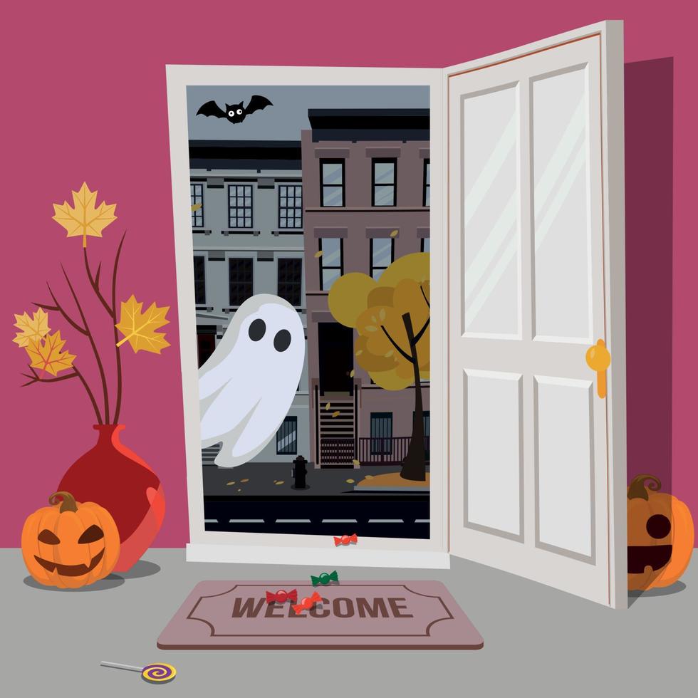 House interior, decorated for Halloween, pumpkin in hallway behind door. Door is open and Ghost looks inside street. Flat cartoon vector illustration.