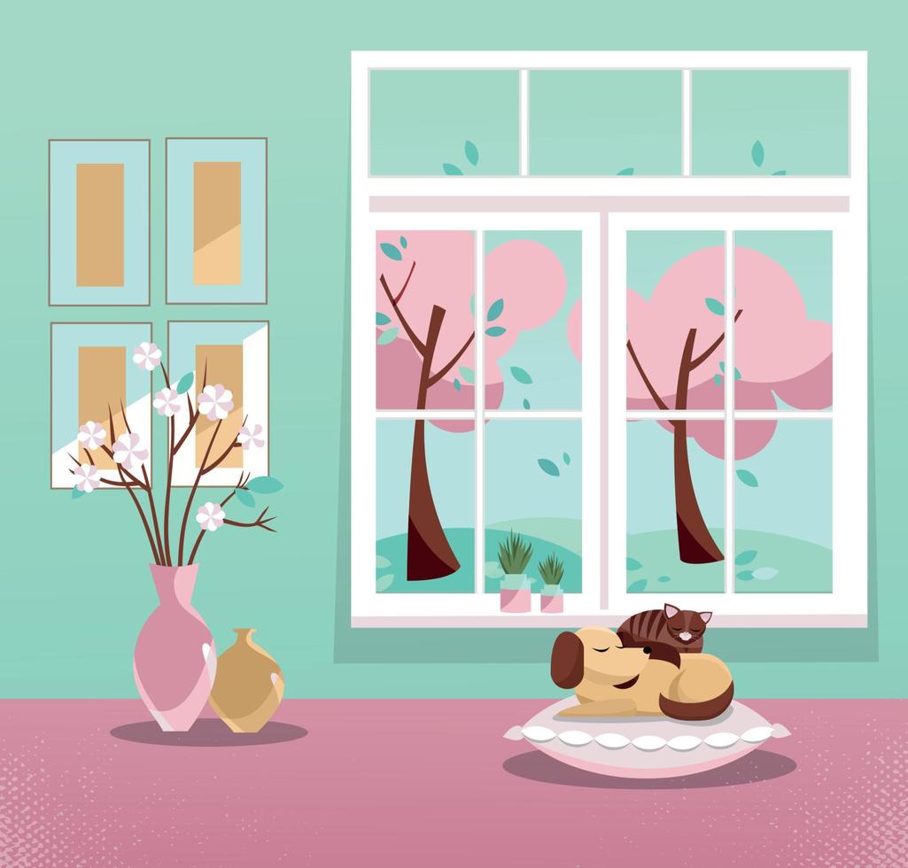 Window with a view of pink trees in blossom and flying leaves. Springinterior with sleeping cat and dog, vases, pictures on mint wallpaper. Sweet home. Cozy interior. Flat cartoon vector illustration.