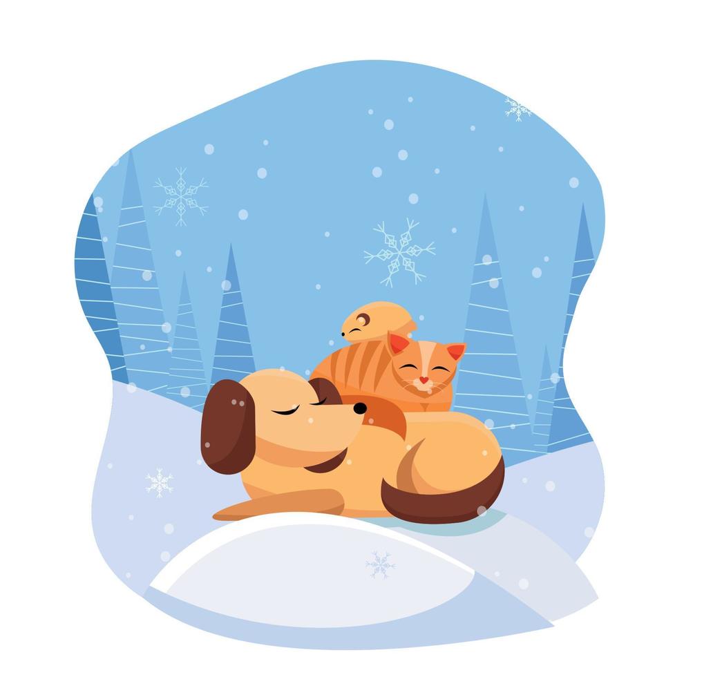 Pets sleeps comfortably on snowdrift in snowy forest. cat sleeps on dog, hamster sleeps on cat. It's snowing with large snowflakes. Flat cartoon vector illustration