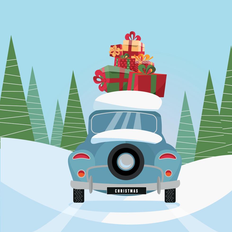 Flat vector cartoon illustration of retro car with present on the roof. Little classic blue car carrying gift boxes on its rack. Vehicle back decorated with wheel, car rear view.Snow-covered landscape