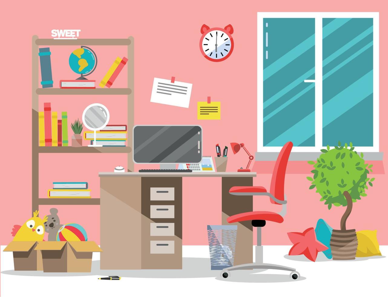 Interior nursery. Girl's room with table, computer, bookshelf,toys in boxes.Flat cartoon vector illustration.Cozy interior of children's room with plant, furniture, window.Teenager room with workplace