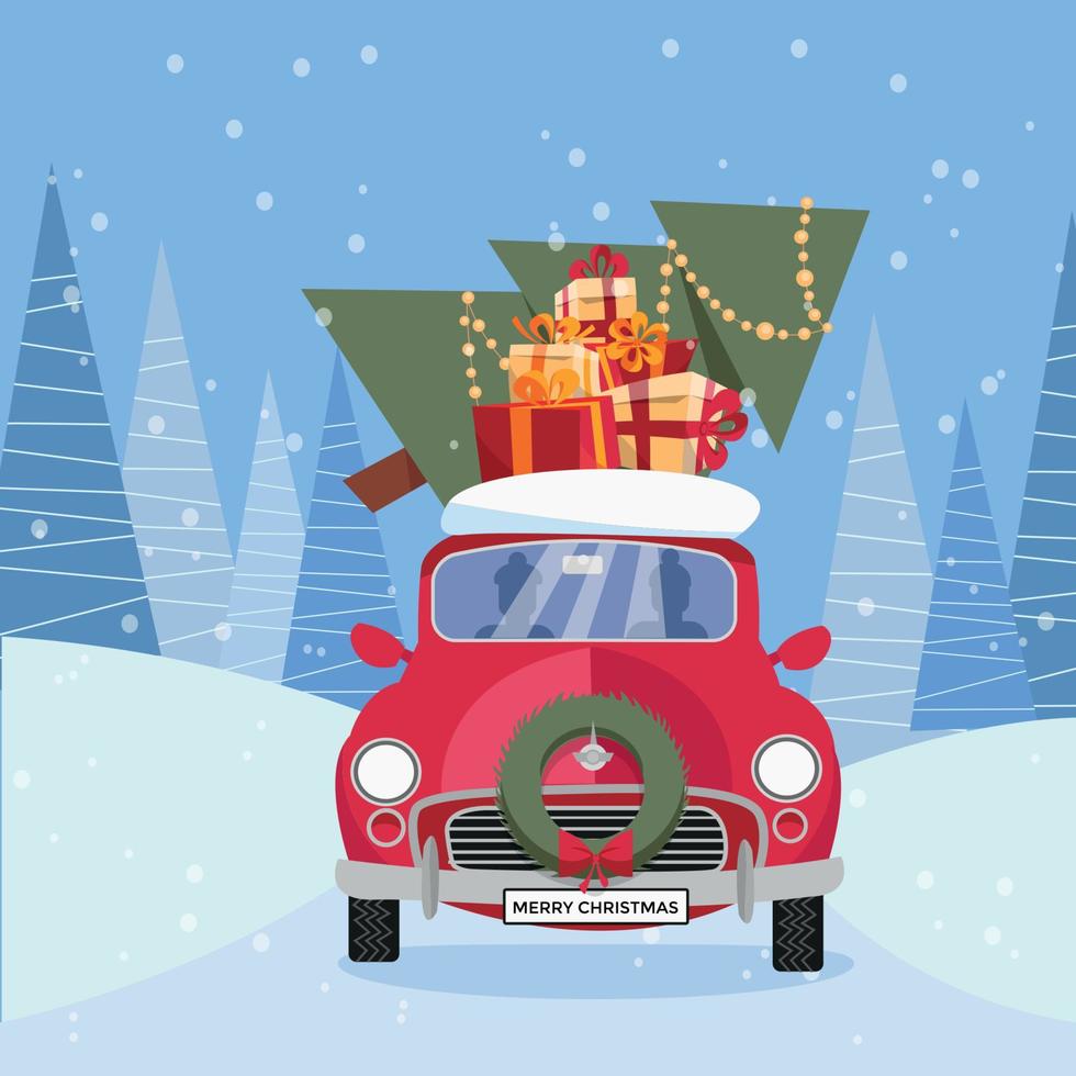 Flat vector cartoon illustration of retro car with presents, christmas tree on roof. Little red car carrying gift boxes. Vehicle is located in front, decorated with wreath. Winter snowy forest around