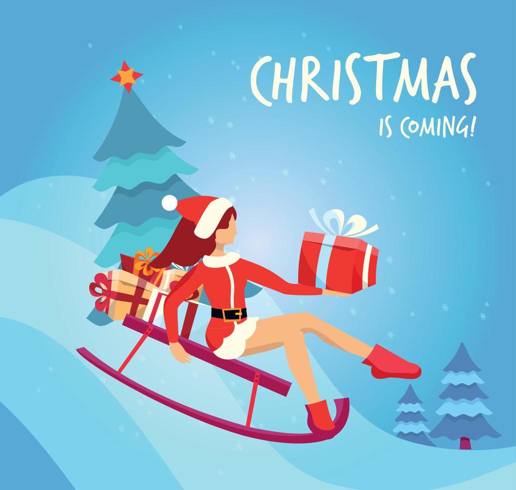 Flat cartoon vector illustration slim girl in traditional costume of Santa Claus slides down the hill on red sled with christmas tree and many gift boxes. Handwritten christmas is coming Greeting card