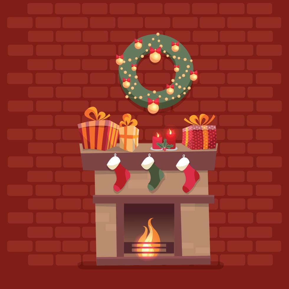 Room interior with Christmas fireplace with socks, decorations, gift boxes, candeles, socks and wreath on background of a dark red brick wall. Cute flat cartoon style vector illustration.