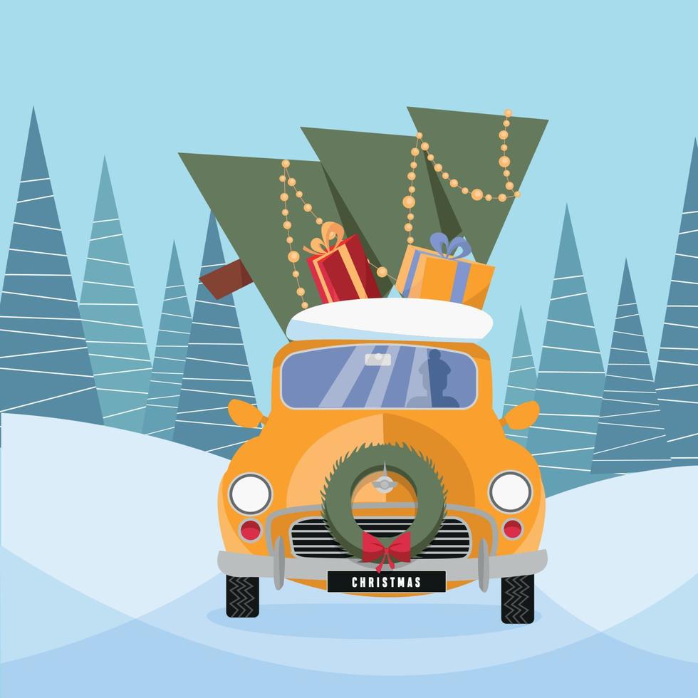 Flat vector cartoon illustration of retro car with presents and christmas tree on the top. Little classic yellow car carrying gift boxes on its rack. Vehicle is located in front, decorated with wreath