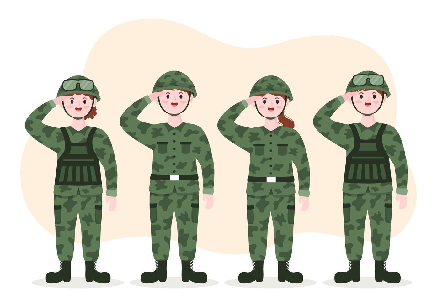 plantilla de fuerza del ejército militar dibujada a mano ilustración plana de dibujos animados lindo con soldado, arma, tanque o equipo pesado de protección vector