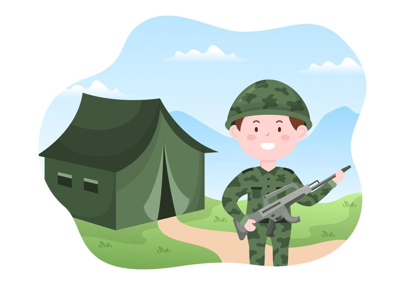 plantilla de fuerza del ejército militar dibujada a mano ilustración plana de dibujos animados lindo con soldado, arma, tanque o equipo pesado de protección vector
