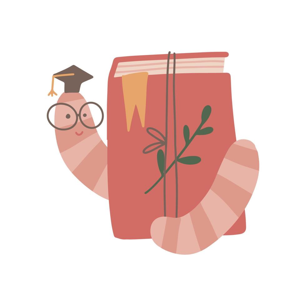 Decorated book and funny bookworm in small graduation cap. Flat hand drawn vector illustration.