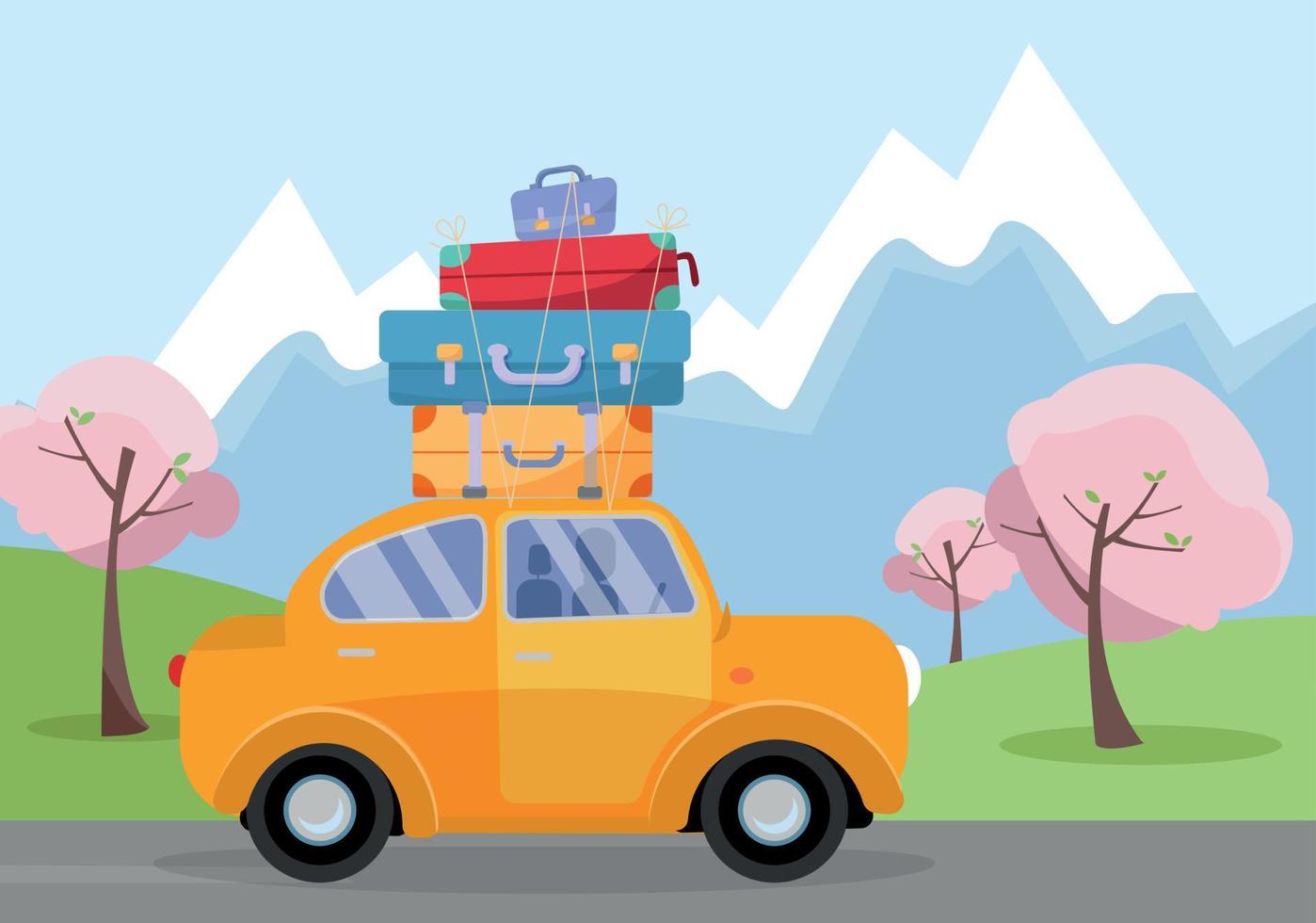 Car on Road Trip. Travel vehicle Concept Tourism and Vacation Together. illustration of spring vacations holiday, blooming trees, world travel with suitcases on car s roof.Touristic retro travel theme vector