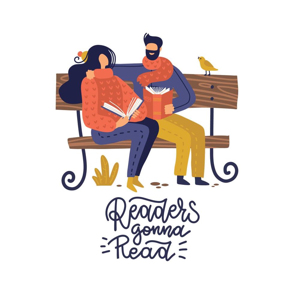 fanáticos de los libros, amantes de la literatura, pareja de jóvenes leyendo en un banco en el parque. ilustración de vector plano dibujada a mano con cita de letras - los lectores van a leer.