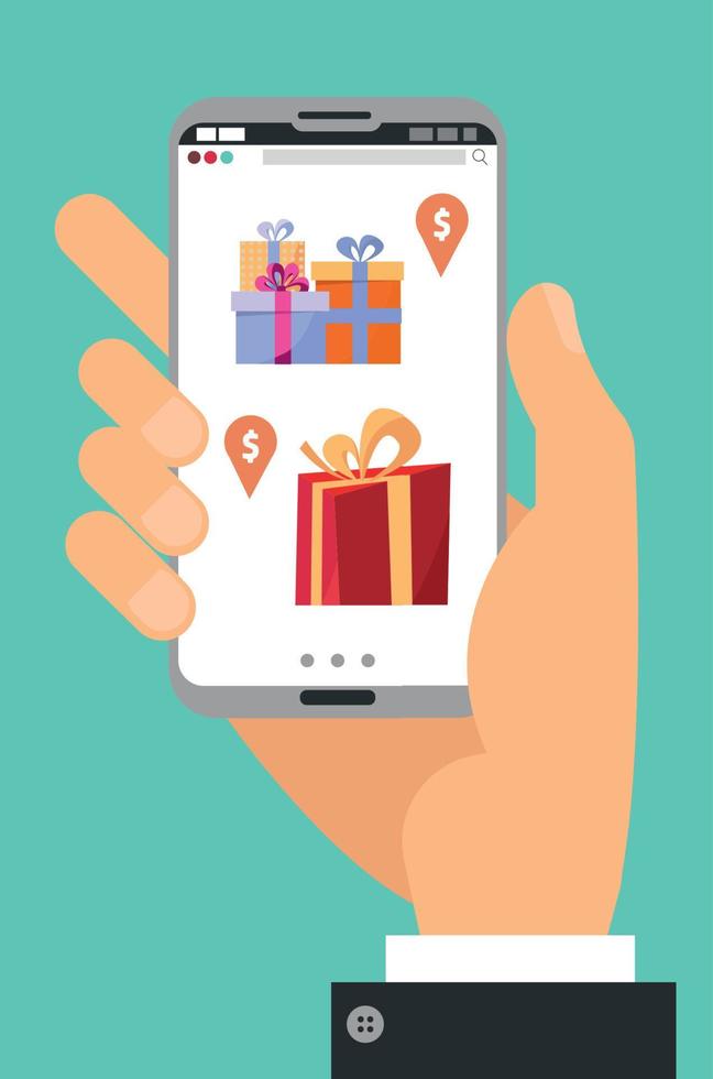 Hand holding phone. Hand with smartphone with gift boxes on the screen with price tags. Gift app page on smartphone screen. Mobile concept for web banners, web sites. Flat cartoon vector illustration.