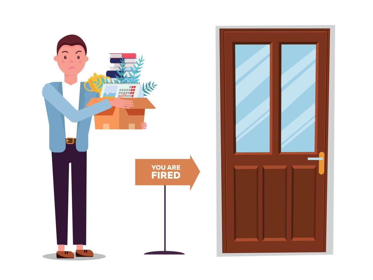 Fired man goes to exit door. incompetent worker going to the door, dismisses male employee from job, guy leaving office workplace. Dismissed man with cardboard box . Vector flat cartoon illustration