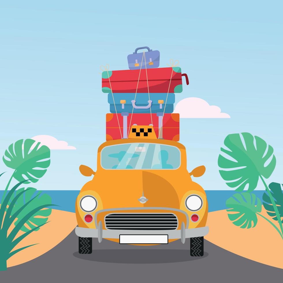 Little yellow retro taxi rides to sea with stack of suitcases on roof. Flat cartoon vector illustration. Car front View With pile of baggage.Southern landscape with sand. Taxi transfer on vacation