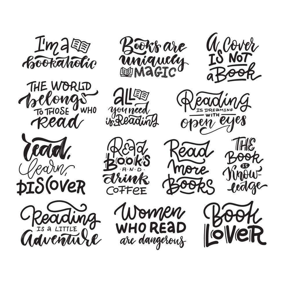 Love reading book lettering phrases set. Collection of hand drawn quotes about reading for teenagers. Vector hand drawn illustartion.