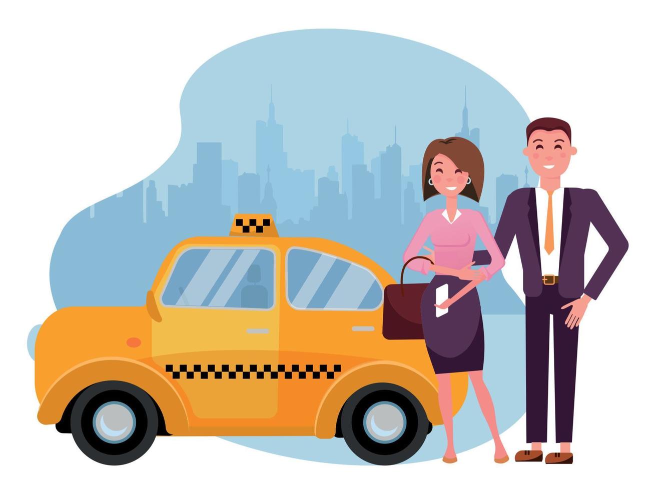 A business couple man in suit and an elegant woman are standing next to a taxi on background of silhouette of big city. Two passengers called taxi for business trips.Vector flat cartoon illustration vector