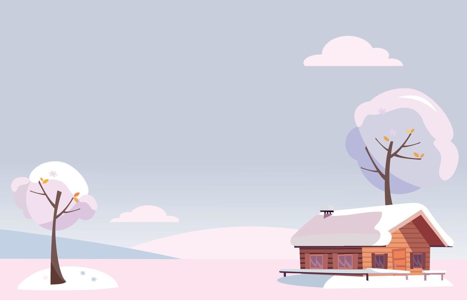 Vector flat white snowy winter landscape with small country house and snow covered trees on the snow-covered hills in the snowing woods. xmas background in cartoon style. Free space for your text