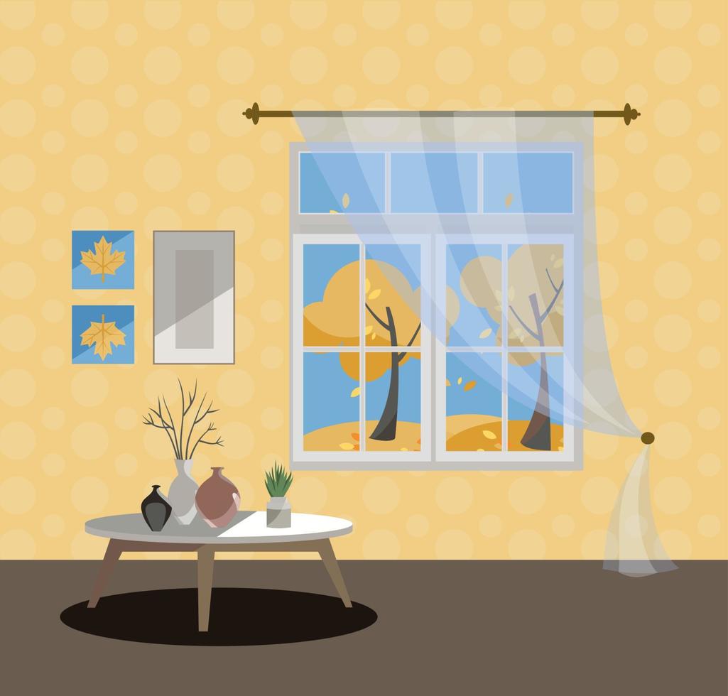 Window with a view of yellow trees and flying leaves. Autumn interior with a coffee table, vases, tulle, yellow wallpaper. Sunny good weather outside. Flat cartoon style vector illustration.